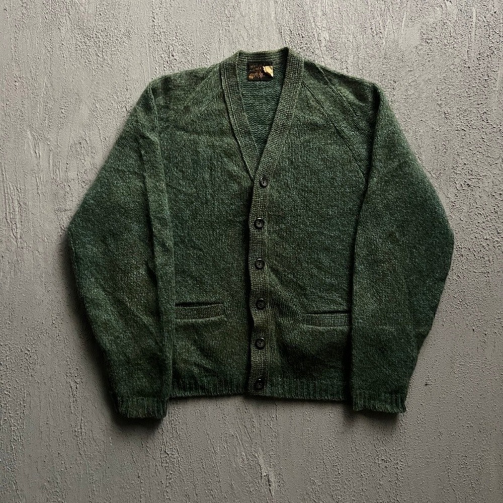 Vintage Mohair Cardigan Large Green 60s Fuzzy Knit Sweater Wool USA